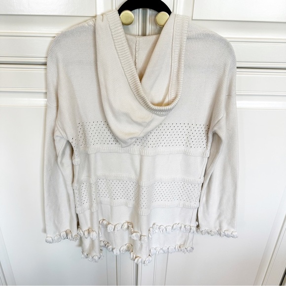 Tory Burch Women’s Baja Mixed Knit Hoodie Cream Tassel V Neck Pullover Sweater S - Picture 14 of 14
